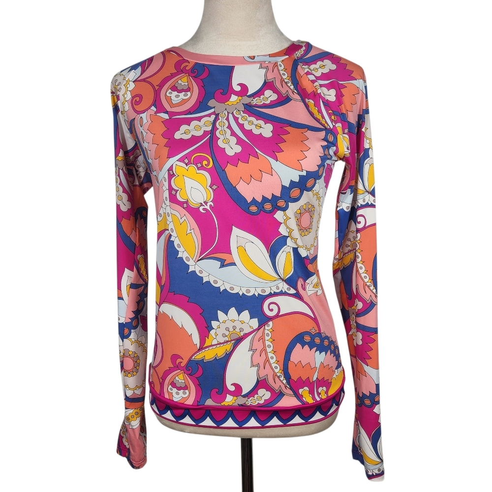 TRINA TURK Sevilla Rashguard Long Sleeve Swim Top Bright Paisley Medium